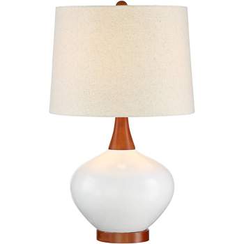 360 Lighting Brice Modern Mid Century Accent Table Lamp 23" High Ivory Ceramic Wood Neck Off White Drum Shade for Bedroom Living Room Bedside Office