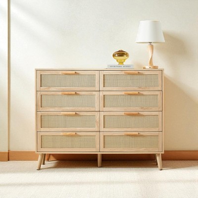 Mshliw Rattan 8 Drawer Dresser, Double Chest of Drawers Storage Cabinet and Sideboard Organizer for Bedroom, Living Room, Entryway or Hallway