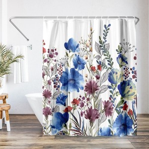 71x74 Blue Floral Shower Curtain - 100% Polyester - Water-Resistant Bath Curtain - 1 of 4