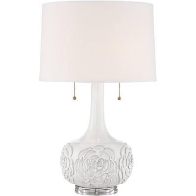 Possini Euro Design Cottage Table Lamp Ceramic White Floral Vase Drum Shade for Living Room Family Bedroom Bedside Nightstand