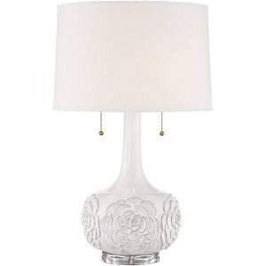 Possini Euro Design Natalia Modern Country Cottage Table Lamp 27" Tall White Ceramic Glaze Textured Floral Drum Shade for Bedroom Living Room Bedside - 1 of 4