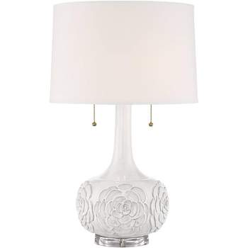 Possini Euro Design Natalia Modern Country Cottage Table Lamp 27" Tall White Ceramic Glaze Textured Floral Drum Shade for Bedroom Living Room Bedside