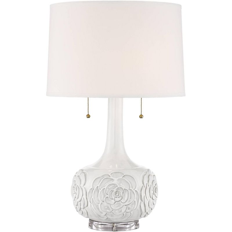 Possini Euro Design Natalia Modern Country Cottage Table Lamp 27" Tall White Ceramic Glaze Textured Floral Drum Shade for Bedroom Living Room Bedside, 1 of 10