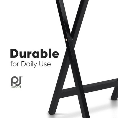 Black Solid Wood Folding TV Tray Tables Set with Storage Rack