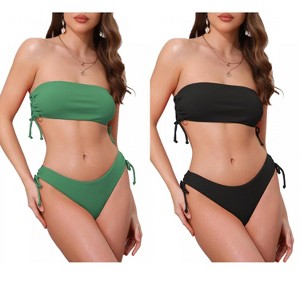 INSPIRE CHIC Women's Bandeau Drawstring Side Tie Ribbed Strapless Top Triangle Bottom Swimwear Bathing Bikini Suits 2 Sets - 1 of 4