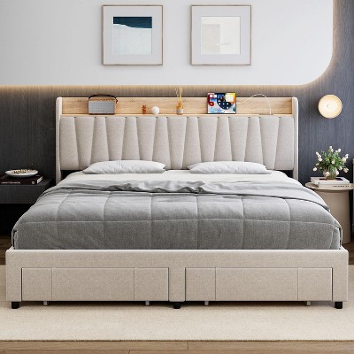 homfan Upholstered Bed Frame with Storage Headboard and Charging Station,Platform Bed Frame with Drawers,Heavy Duty,No Box Spring Needed,Easy Assembly