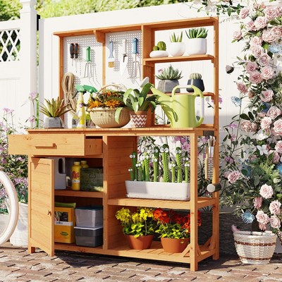 Outdoor Potting Bench, Garden Workstation for Planting, Potting Bench with Shelves and Adjustable Storage, Wood Potting Bench-Coolbibila