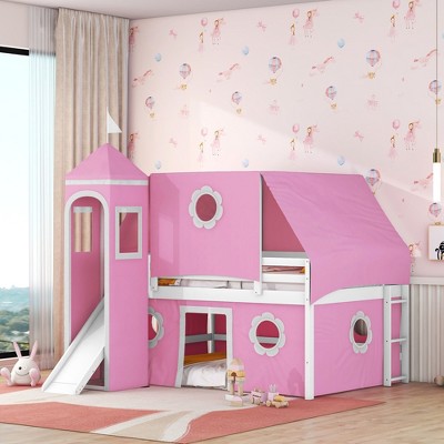 Okak Full Wood Bunk Bed with Tower, Tent, Ladder and Slide, House Bunk Bed for Toddler Kids Teens Easy Assemble No Box Soring Needed, Pink