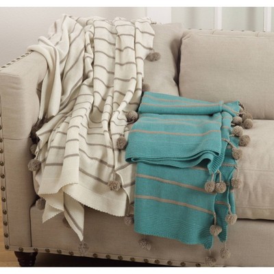 Ivory and Gray Knitted Pom-Pom Throw Blanket