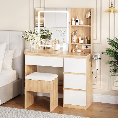 Coucheta 37" Vanity Desk with LED Mirror - Makeup Table with Power Outlets, 4 Drawers & Storage Stool