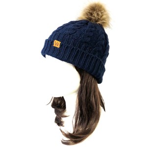 Wrapables Cable Knit Faux Fur Pom Pom Beanie, Adult Dark Blue - 1 of 3