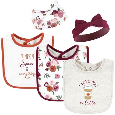 Hudson Baby Infant Girl Cotton Bib and Headband or Caps Set, Pumpkin Spice, One Size