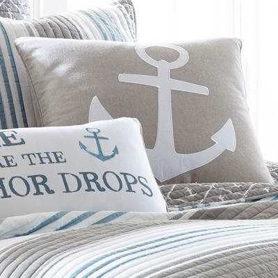 Beige and White Embroidered Anchor Square Throw Pillow