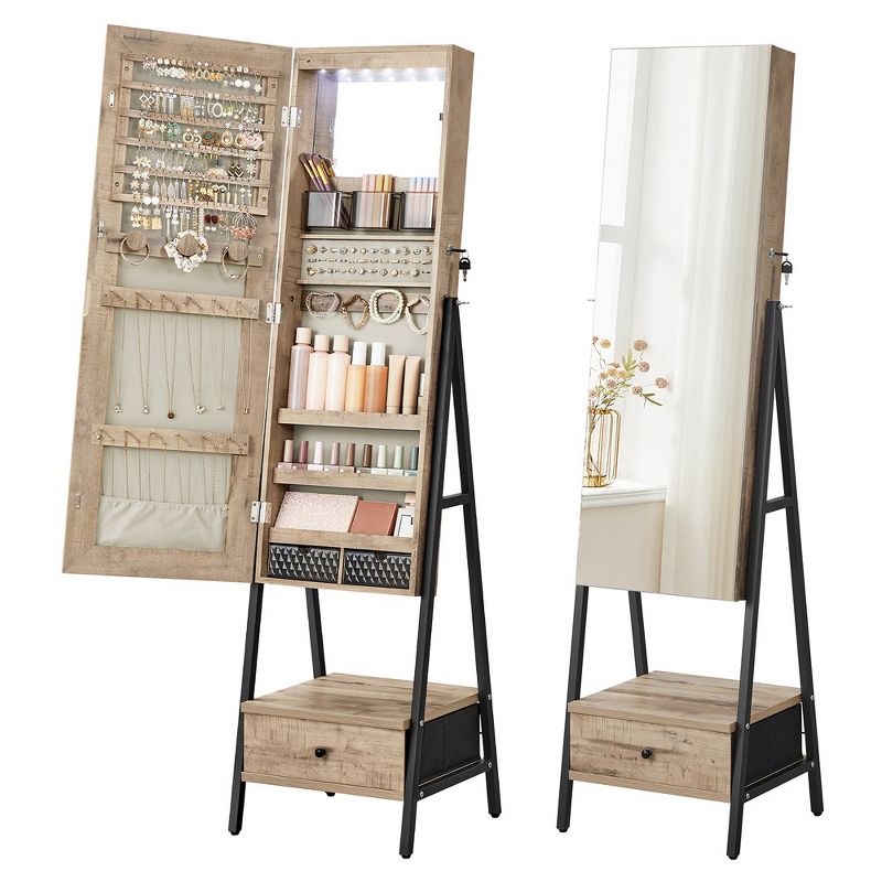 SONGMICS LED Jewelry Cabinet Standing Lockable Jewelry Armoire with Full-Length Mirror Jewelry Organizer Box, 2 of 9