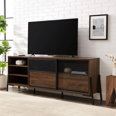 Alpha Industrial Metal Mesh Sliding Door TV Stand for TVs up to 85" Dark Walnut - Saracina Home