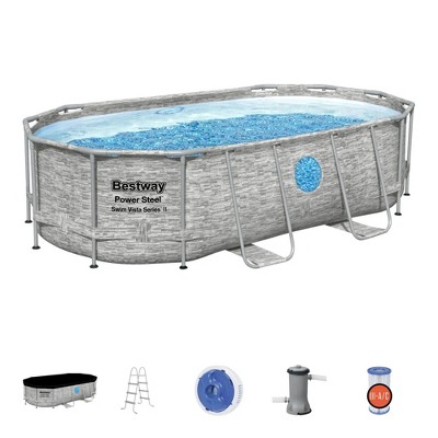 Bestway 56715E Power Steel Swim Vista 14' x 8'2" x 39.5"  Outdoor Oval Above Ground Swimming Pool Set with 530 GPH Filter Pump, Cover, & Ladder