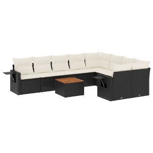 vidaXL 10 Piece Patio Sofa Set with Cushions Black Poly Rattan - Black and Cream Table + 2x Corner + 5x Middle - 1 of 4