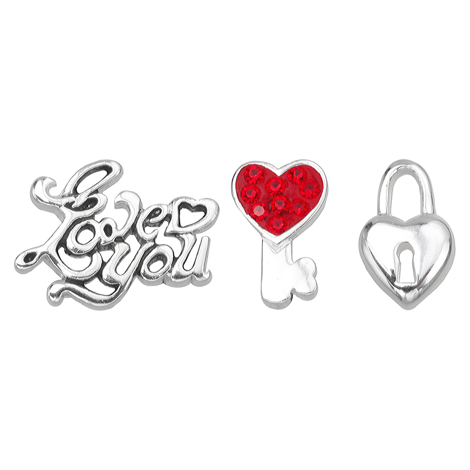 'Treasure Lockets 3 Silver Plated Charm Set with ''I Love You'' Theme - Silver/Red, Women's, Red/Silver'