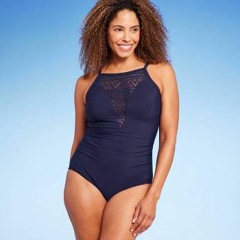 Women's UPF 50 Crochet High Neck One Piece Swimsuit - Aqua Green® True Navy XL