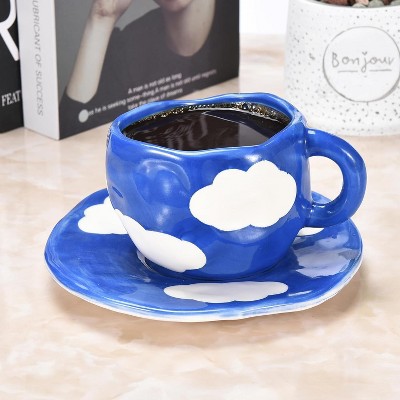 Blue and White Hand-Painted Ceramic Coffee Cup with Saucer