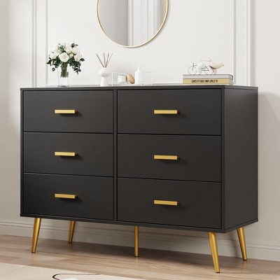 Black 6 Drawer Dresser with Storage Space, Modern Wooden Dresser with Gold Handles