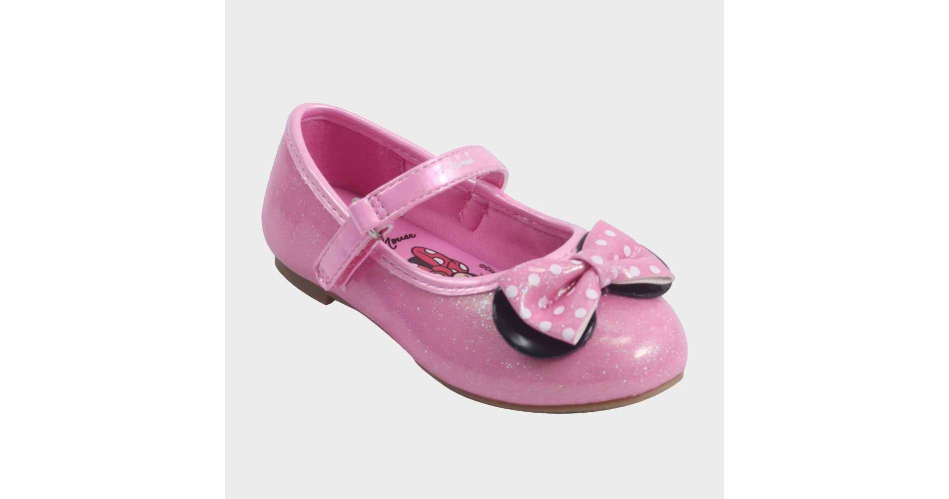 Toddler Girls' Disney Minnie Mouse Ballet Flats - Pink 12T: Hook & Loop Strap, Decorative Bow, Closed Round Toe