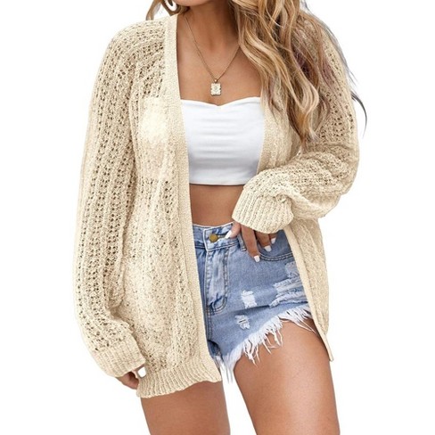 Womens Plus Size Cardigan Loose Fit Milanese Knit Sweater Long Sleeve Crochet Lightweight Ribbed Cuff Semi Sheer Cardigan - image 1 of 4