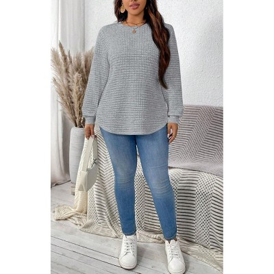 Plus Size Tops for Women Round Neck Long Sleeve Casual Pullover Blouses Waffle Tops Fall Shirts