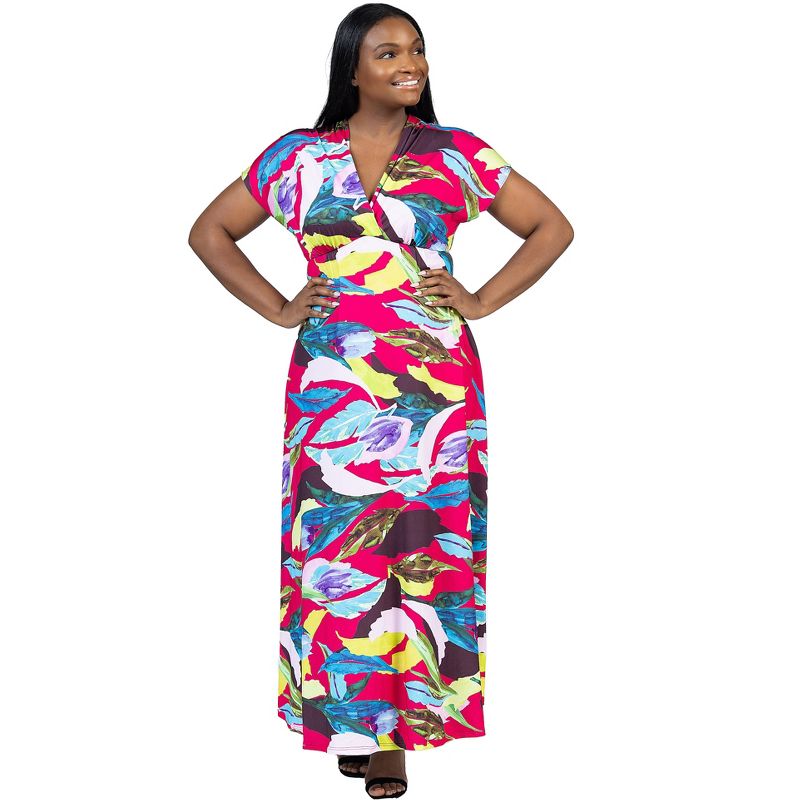 24seven Comfort Apparel Plus Size Floral Print V Neck Empire Waist Cap Sleeve Maxi Dress, 4 of 7
