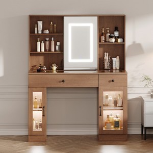 Large Vanity Desk with Sliding Mirror & 3-Color LED Lights, Makeup Dressing Table with Storage Drawers, Shelves, Cabinets, MDF Beauty Station - 1 of 4