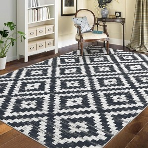 5'x7' Washable Geometric Rug - Neutral Trellis Low Pile Carpet for Living Room, Bedroom, Office - Black & White - 1 of 4
