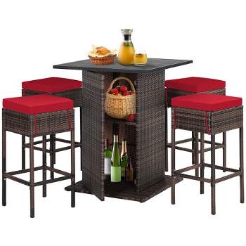 Tangkula Tangkula 5PCS Patio Bar Set Rattan Bar Furniture Set w/ Table & 4 Cushioned Stools Red