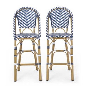 Kinner 2pk Outdoor Aluminum French Bar Stools - Navy/White/Bamboo - Christopher Knight Home: Rattan & Iron, UV & Water-Resistant - 1 of 4