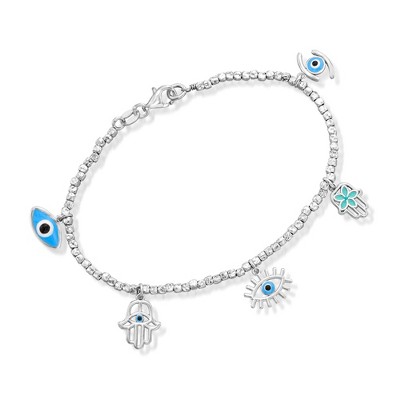Ross-Simons Italian Multicolored Enamel Good Luck Charm Beaded Bracelet in Sterling Silver