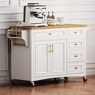 Coolbibila-52'' Kitchen Island With Drop Leaf, Embossed Texture Kitchen Island On Wheels With 2 Doors And 5 Drawers, Kitchen Storage Cart