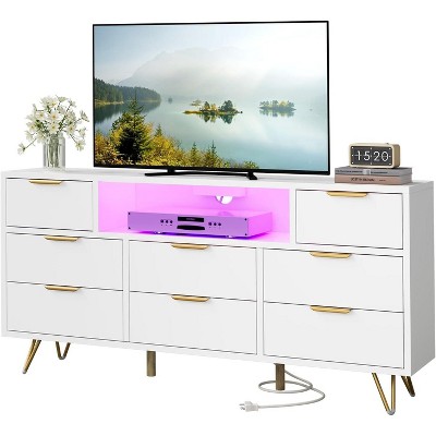 Homhougo 8 Dresser TV Stand for 55” TV, Long Dresser for Bedroom with Power Outlets & LED Lights, Wide Media Console Table, White