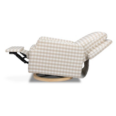 Tan Gingham Velvet Swivel Recliner with Light Wood Base