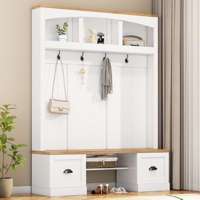 Black Hall Tree with Wood Grain Bench Multifunctional Coat Rack with Black Hooks and Shell Handles Mudroom Bench with Adjustable Shelves