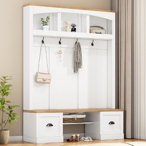 Black Hall Tree with Wood Grain Bench Multifunctional Coat Rack with Black Hooks and Shell Handles Mudroom Bench with Adjustable Shelves - 1 of 4