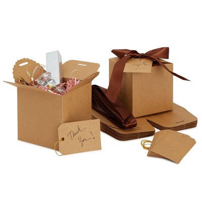 Stockroom Plus 12 Pack Kraft Brown Paper Gift Boxes with Ribbon for Bridesmaid Proposal, Wedding Favors (4 x 4 x 4 In)