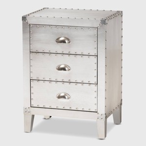 Claude Metal 3 Drawer Nightstand Silver - Baxton Studio: Vintage-Inspired, Rivet Detail, Fully Assembled - 1 of 4