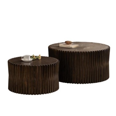Vynxaria Vintage Cylindrical Nesting Coffee Table Set ¨C 2-Piece Vertical Textured Design for Living Room, Office & Dining Room