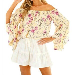 Women's Floral Off Shoulder Top with Bell Sleeves - Vine & Love - 1 of 3