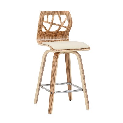 Mid-Century Modern White Leather and Wood Swivel Counter Stools
