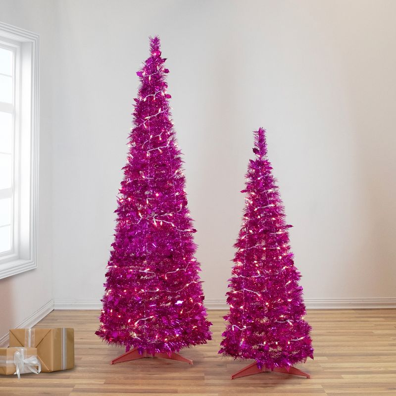 Northlight 4' Pre-Lit Pink Tinsel Pop-Up Artificial Christmas Tree, Clear Lights, 3 of 9