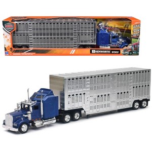 Kenworth W900 Truck Blue with Potbelly Livestock Trailer Chrome "Long Haul Truckers" Series 1/43 Diecast Model by New Ray - 1 of 4