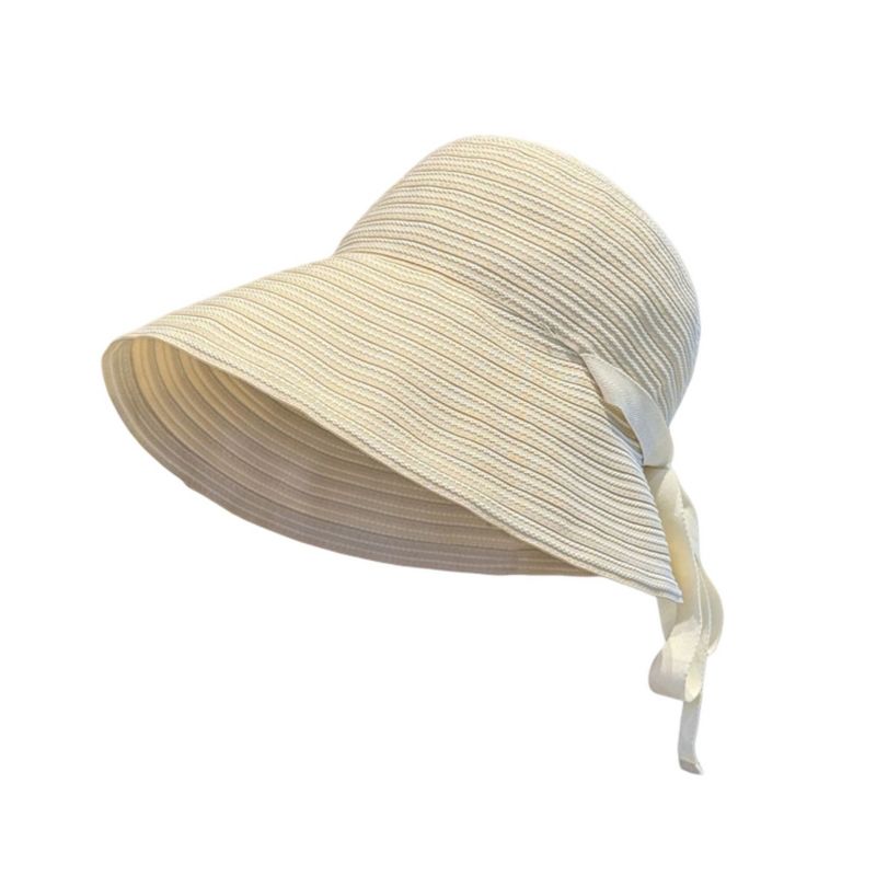 Anna-Kaci Women's Striped Wide Brim Sun Hat with Tie Back, Beige