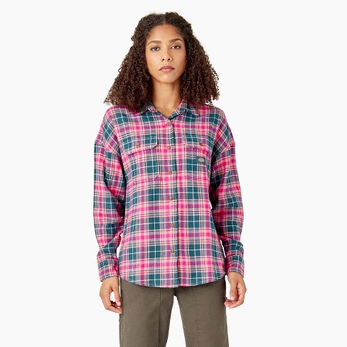 Dickies Women's Long Sleeve Flannel Shirt, Rosebud Dark Teal Plaid (upt ...