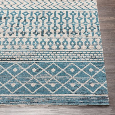Blue Geometric Washable Round Synthetic Rug