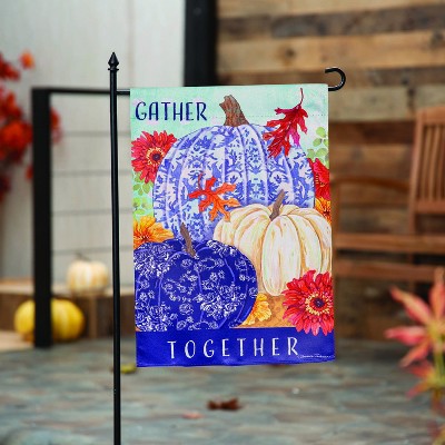 Blue and White Suede Fall Garden Flag with Pumpkins